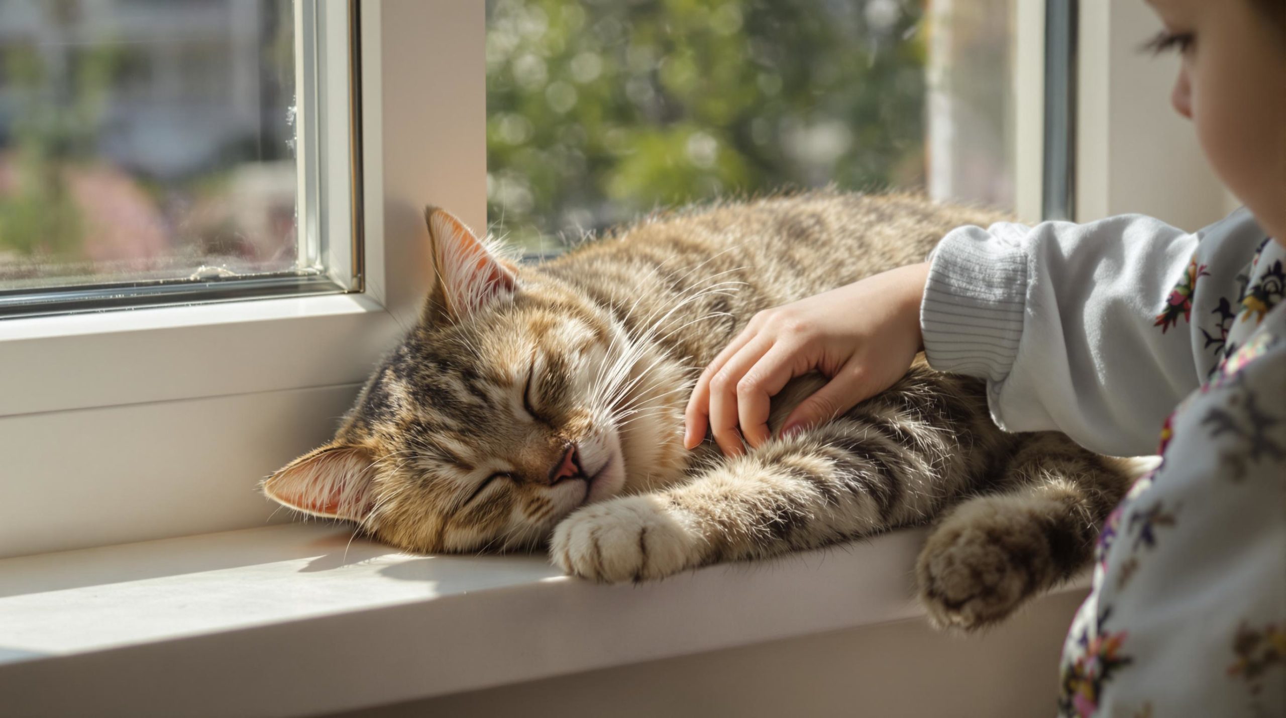 Chat tigré dormant sur un rebord de fenêtre, caressé par une enfant.