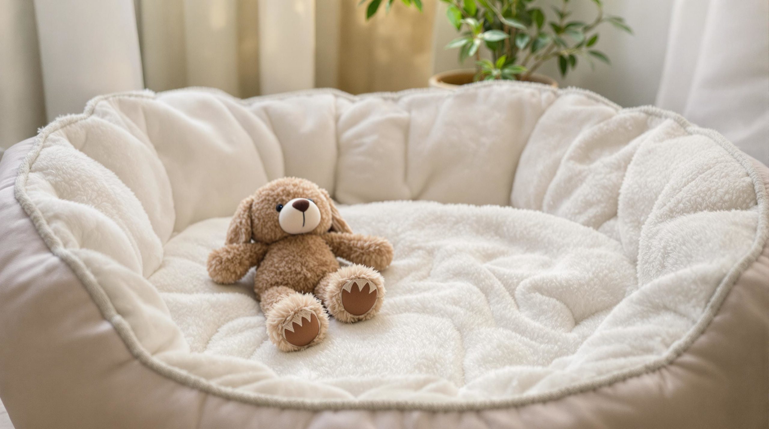 Teddy bear in a fluffy pet bed