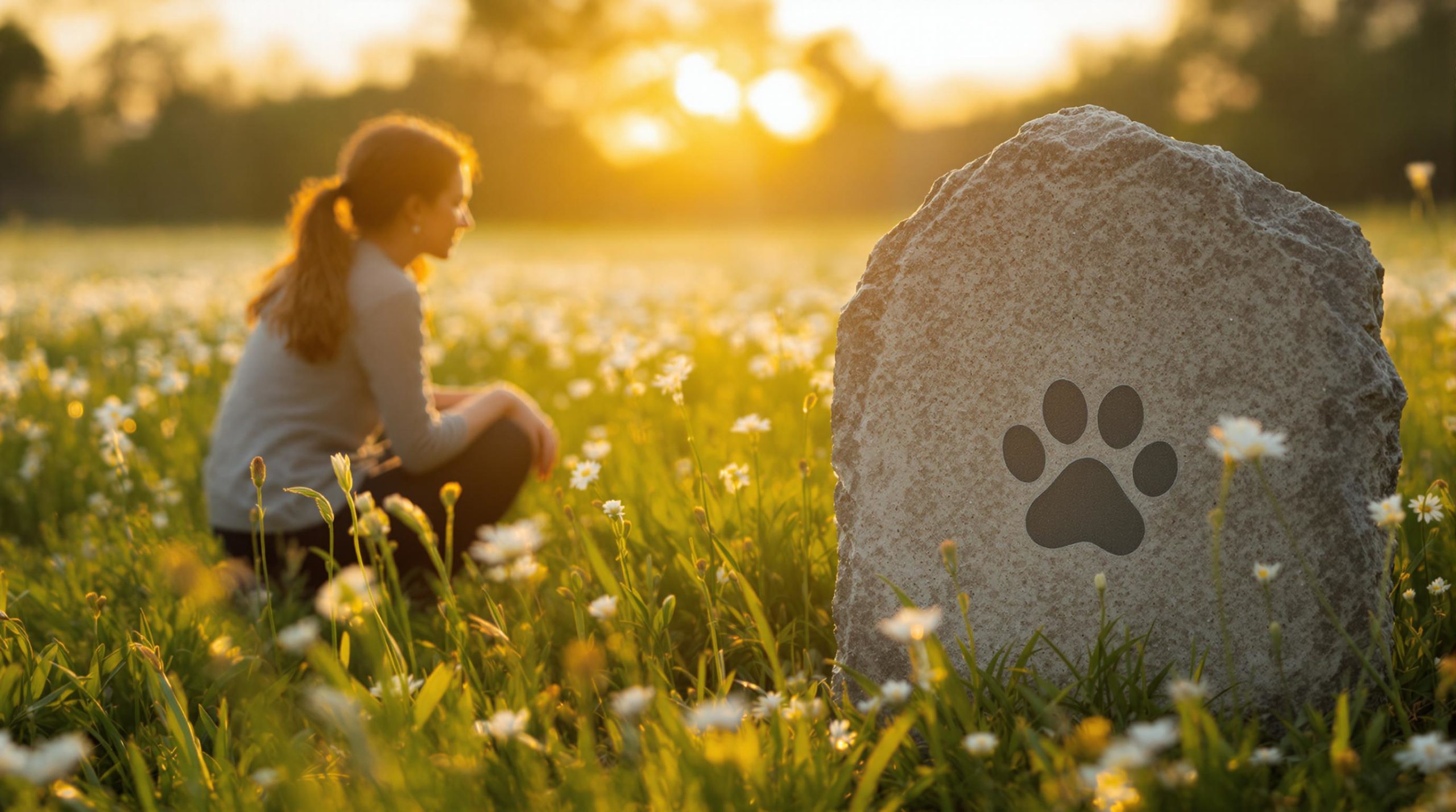 Pet memorial stone in a field with a woman in the background.