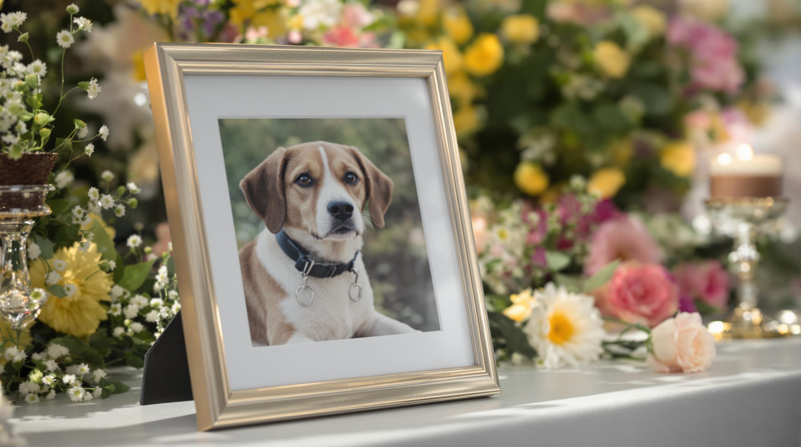 Framed photo of a dog at a memorial.